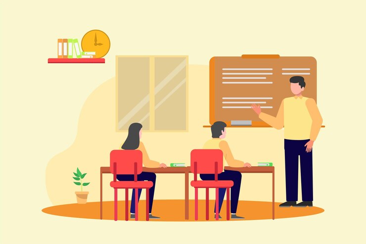 Vector lecturers teaching in class concept colored flat vector illustration isolated