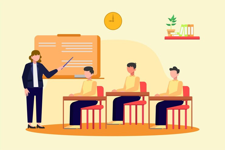 Vector lecturers teaching in class concept colored flat vector illustration isolated