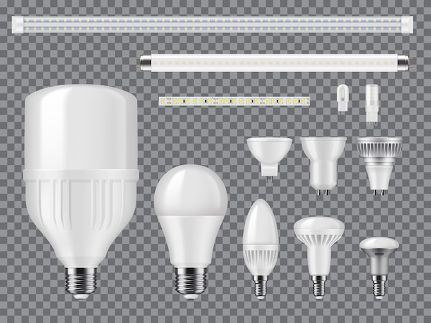 Vector led- en halogeenlampen, lineaire lampen en strips mockup. realistische vector moderne ligtbulbs met diodes, schroef- en pin-type bases, koellichamen en gematteerd glas. hoog efficiënte, eco-verlichtingstechnologie