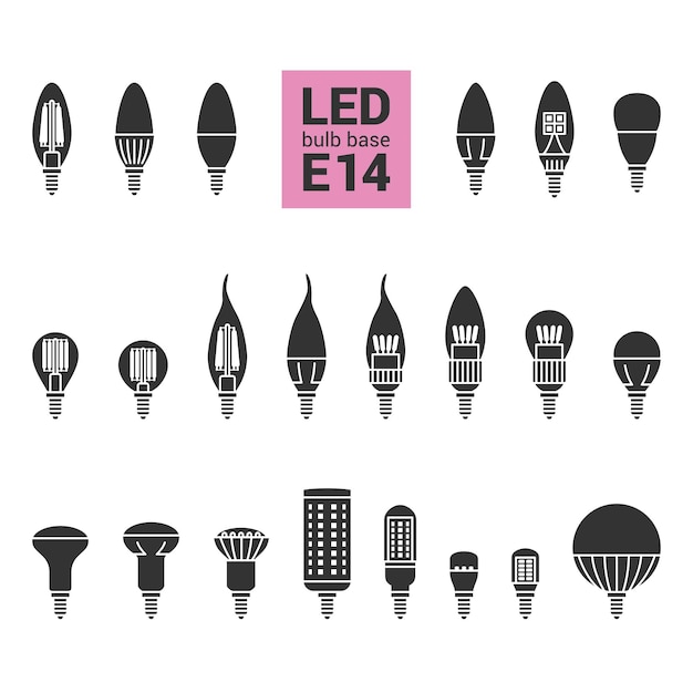 Led licht e14 lampen vector silhouet icon set