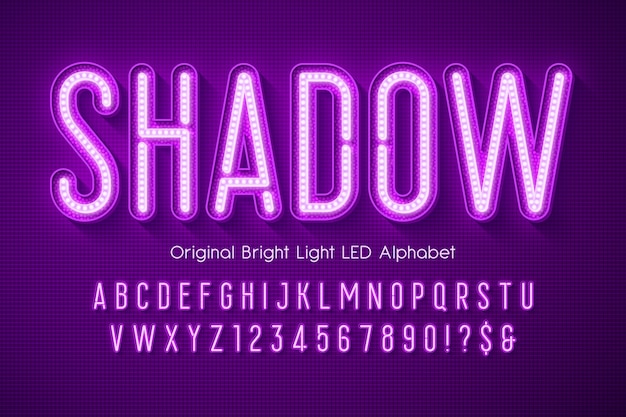 Led light 3d alphabet, extra glowing modern type.
