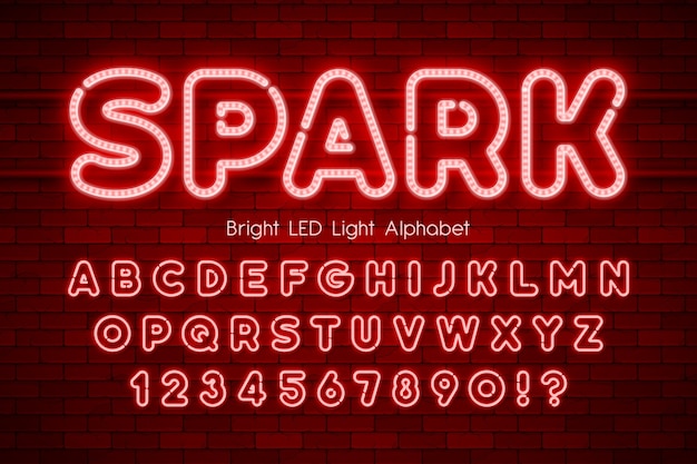 Led light 3d alphabet, extra glowing modern type.