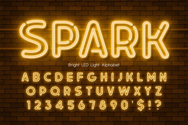Vector led light 3d alphabet, neon extra glowing modern type. swatch color control.
