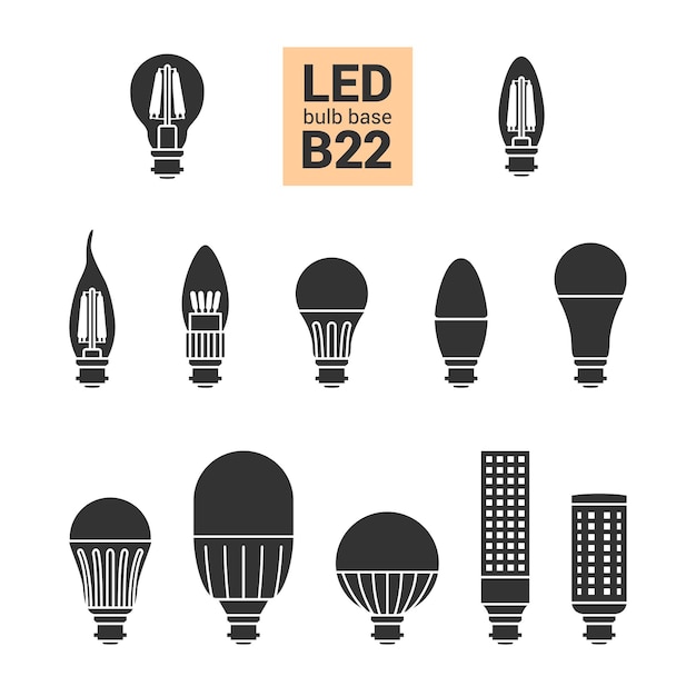 B22 베이스가 있는 Led 전구, 흰색 배경에 벡터 실루엣 아이콘 설정