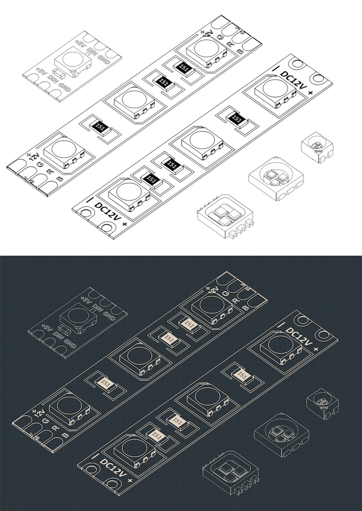 Vector led strip light isometric blueprints