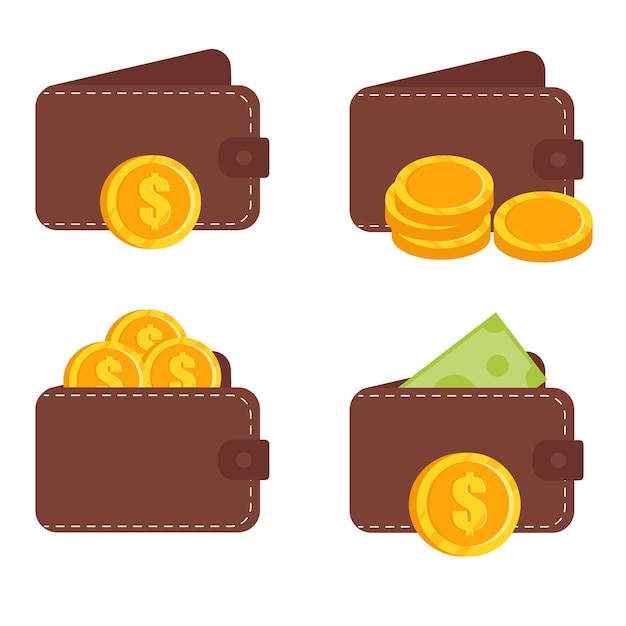 Lederen portemonnee met munten en geld Geïsoleerd op een witte achtergrond Vectorillustratie