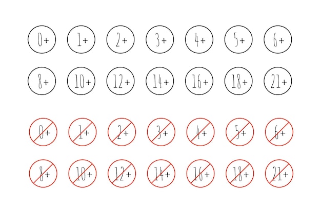 Leeftijdsgrens pictogrammenset leeftijdsbeperkingen ondertekenen hand getrokken stijl Hoge kwaliteit vectorillustratie