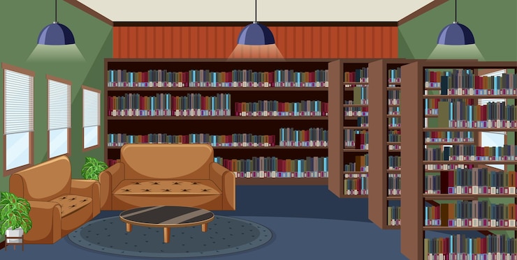 Vector leeg bibliotheekinterieur met boekenplanken