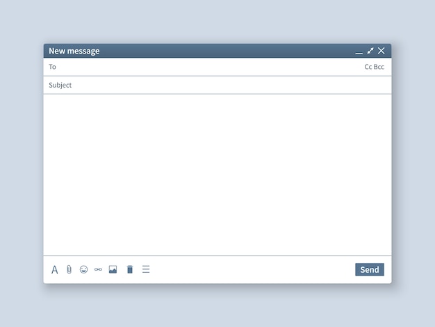 Leeg e-mailscherm. e-mailberichtinterface lege mockup internetvenstercomputer, boxpagina websoftwarebrowser
