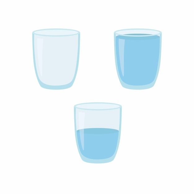 Leeg, half en vol waterglas. Vectorillustratie geïsoleerd op een witte achtergrond.