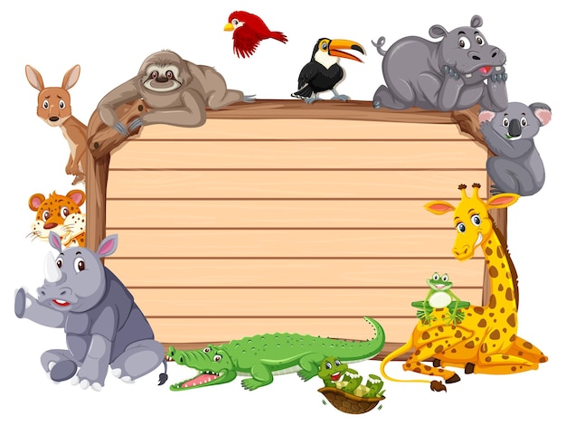 Leeg houten bord met verschillende wilde dieren