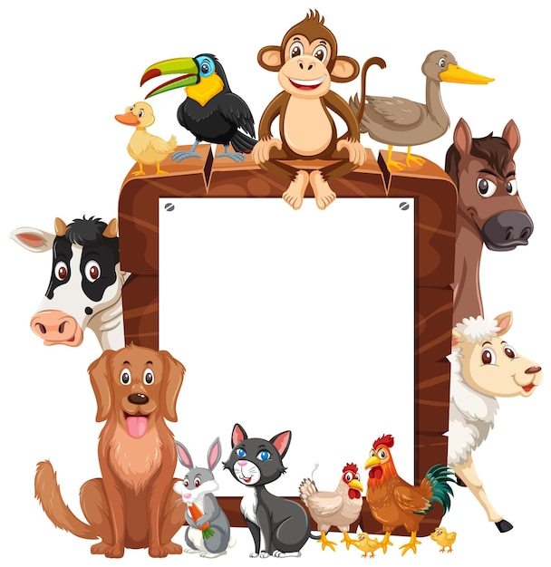 Leeg houten frame met verschillende wilde dieren