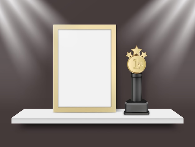 Leeg licht frame en metalen trofee vector realistische illustratie