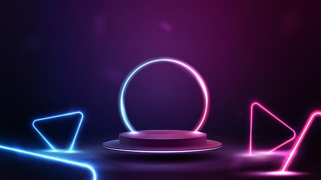 Leeg podium zwevend in de lucht met lijngradiënt neonring op de achtergrond en neonblauwe en roze driehoeken eromheen