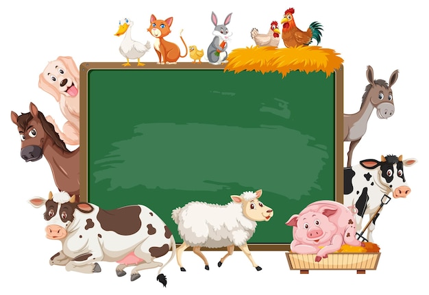 Leeg schoolbord met verschillende boerderijdieren