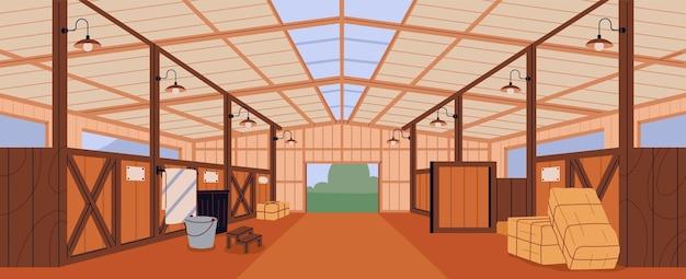 Vector leeg stal panorama binnen hout schuur interieur paddock gebouw voor boerderij vee vee paard landelijk land magazijn hangar achtergrond met hooi poort platte vector illustratie