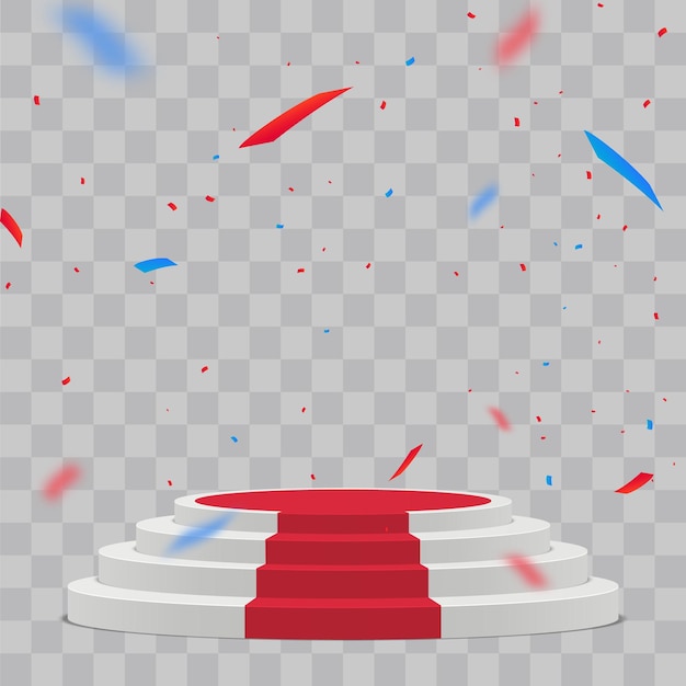 Leeg wit podium met rode loper en met confetti Winnaar vector achtergrond