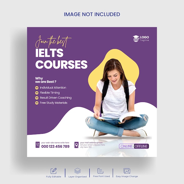 Leer Engelse les Instagram post en IELTS coaching social media banner of vierkante flyer-sjabloon