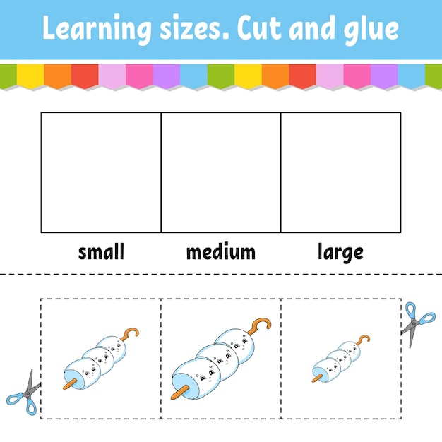 Leermaten knippen en lijmen eenvoudig niveau kleuractiviteit werkblad spel voor kinderen stripfiguur