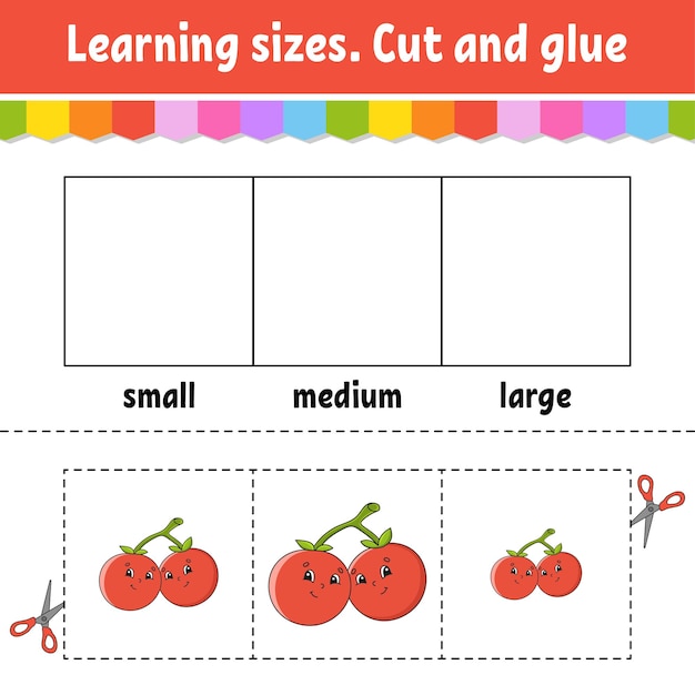Leermaten knippen en lijmen eenvoudig niveau kleuractiviteit werkblad spel voor kinderen stripfiguur