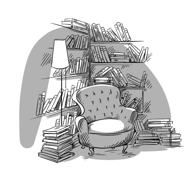 Leeshoek, gezellige kamer met boekenplanken, vectorillustratie