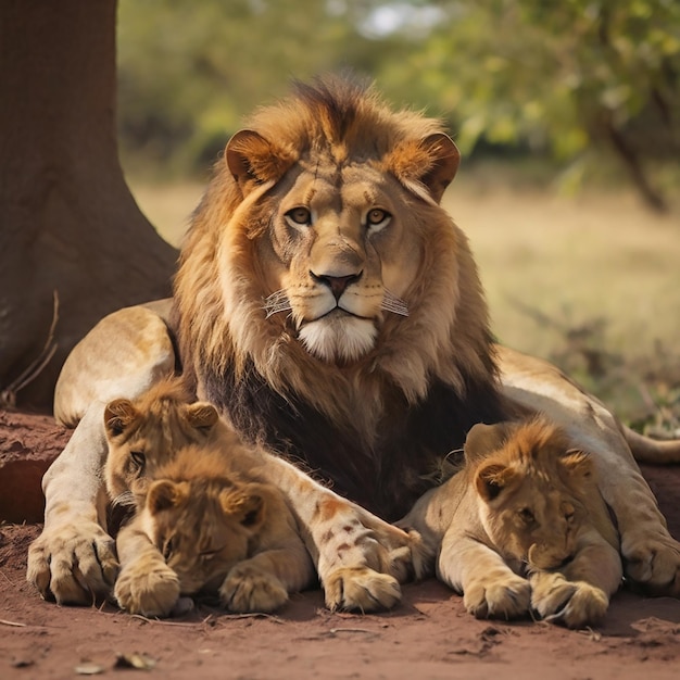 Leeuw die met zijn familie rusten