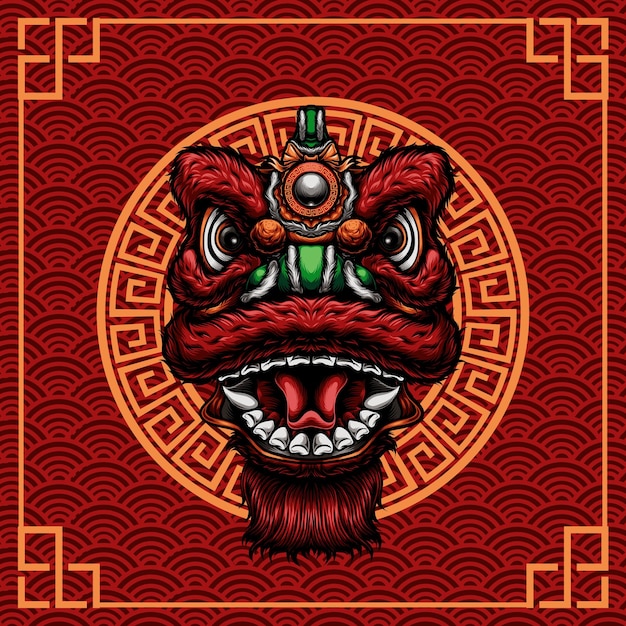 leeuwendans hoofd met chinese ornament achtergrond vectorillustratie