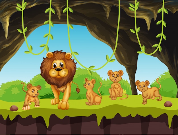 Vector leeuwenfamilie in de natuur