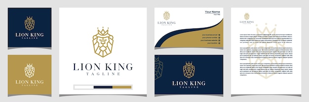 Leeuwenkoning, kroon, logo-ontwerp met lijntekeningen stijl visitekaartje en briefhoofd