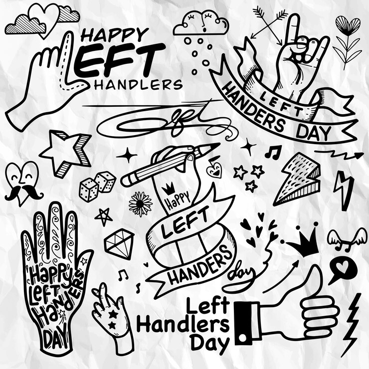 Vector 左利きの日。手描きのタトゥースタイル。