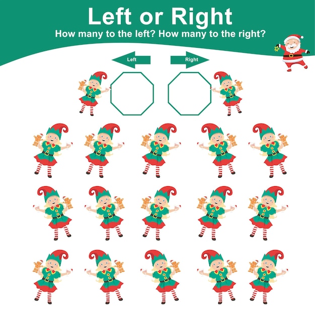 어린이를 위한 왼쪽 또는 오른쪽 게임. 워크시트 활동. 왼쪽과 오른쪽이 몇 개인지 계산합니다.