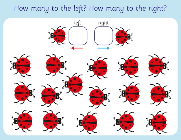 Left or right ladybugs worksheet for preschool and kindergarten kids, logical activity, counting