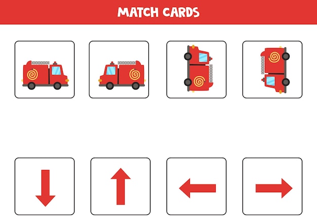 Влево, вправо, вверх или вниз. пространственная ориентация с мультяшной пожарной машиной.
