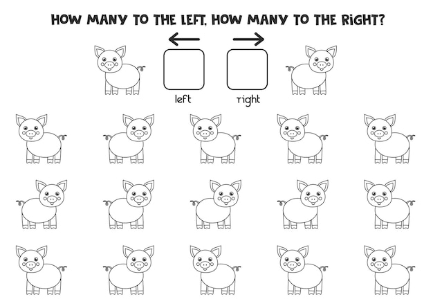 Left or right with black and white farm pig. educational game to learn left and right.