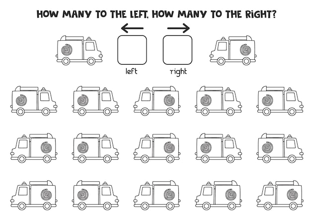 Left or right with black and white fire truck. Educational game to learn left and right.