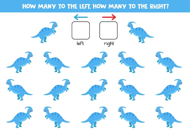 A sinistra oa destra con tirannosauro dinosauro dei cartoni animati. gioco educativo per imparare a destra ea sinistra.