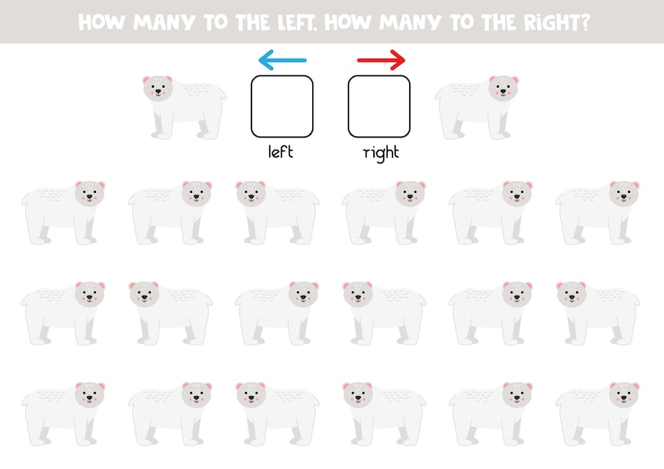 Vector left or right with cute cartoon polar bear logical worksheet for preschoolers