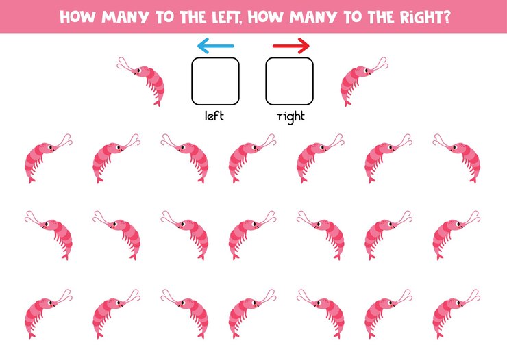 Vector left or right with cute cartoon shrimp logical worksheet for preschoolers