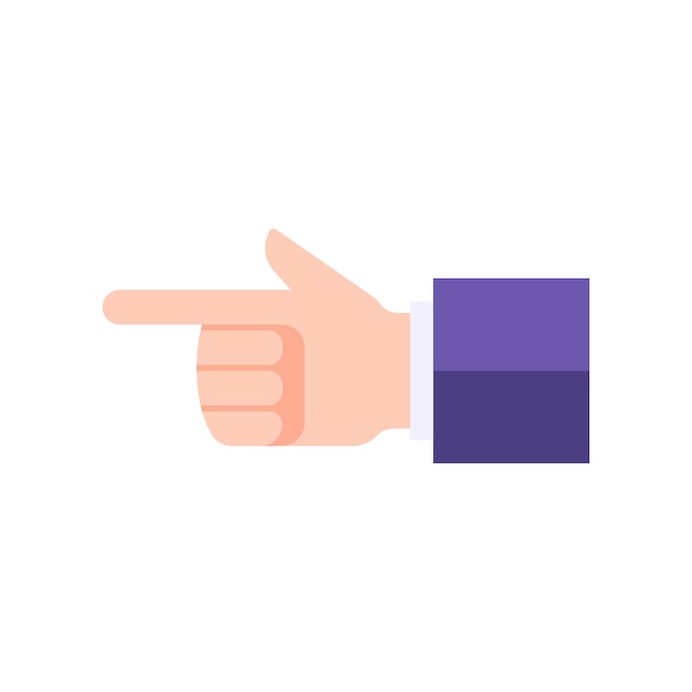 Left side pointer business human hand suit gesturing forefinger vector flat illustration. male employee boss entrepreneur showing pointing index finger quick tips reminder notification alert isolated