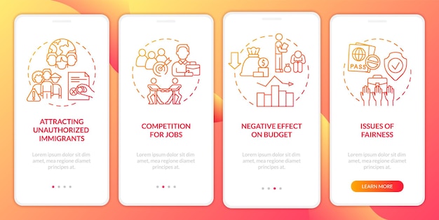 Legalize migrants disadvantage red gradient onboarding mobile app screen Walkthrough 4 steps graphic instructions pages with linear concepts UI UX GUI template Myriad ProBold Regular fonts used