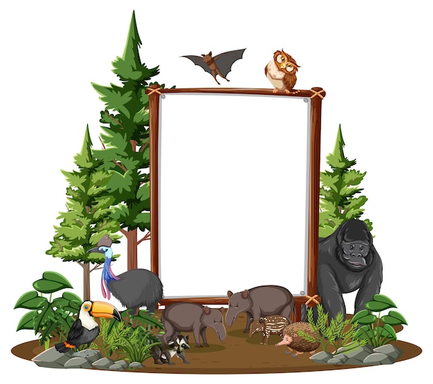 Vector lege banner met wilde dieren en regenwoudbomen op witte achtergrond