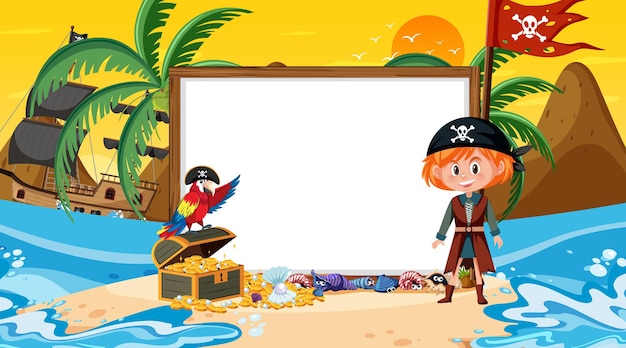 Lege bannersjabloon met piratenkinderen bij de zonsondergang op het strand