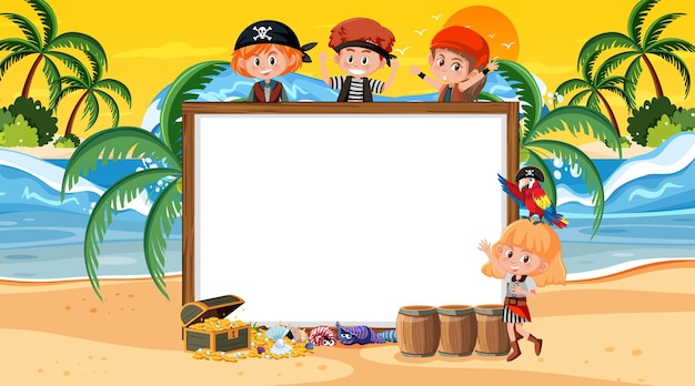 Lege bannersjabloon met piratenkinderen bij de zonsondergang op het strand