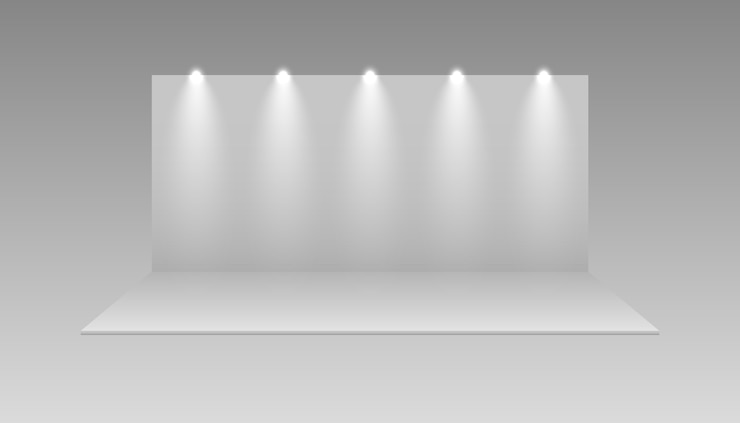 Vector lege beursstand. expo staat mockup. evenement showroom ontwerp, geïsoleerd 3d tentoonstellingspaneel