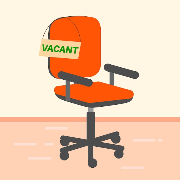 Lege bureaustoel met leeg teken. Werkgelegenheid, vacature en inhuren baan concept. Stoel vacant werk
