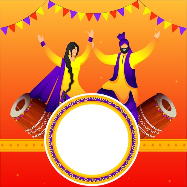 Vector lege circulaire frame met cartoon punjabi paar bhangra dans doen