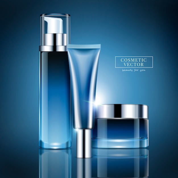 Lege cosmetische container set, blauwe serie fles en pot voor gebruik in illustratie