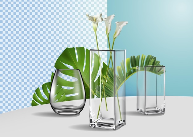 Lege glazen vaas mockup voor boeket bloemen realistische set geïsoleerd op witte achtergrond monochroom