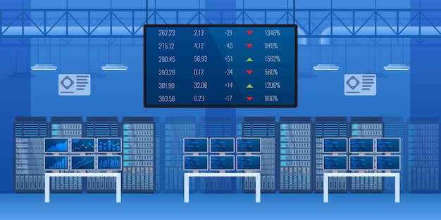 Lege handelsbeurs markt interieur. Modern financieel centrum met elektronische controle van valutastatistieken. Financiën investeringsindicator apparatuur, winst en prijs monitoring cartoon vector