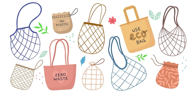 Lege katoenen ecologische tassen en koorden Zero waste shoppers mesh papier en canvas pakketten organische stof herbruikbare objecten vector set